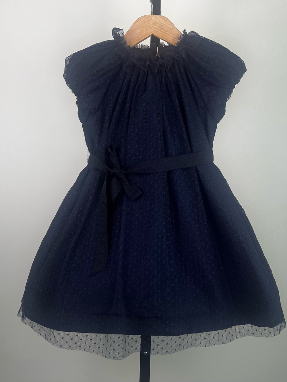 Il Gufo Polka-Dot Tulle Dress, Navy, Size 4